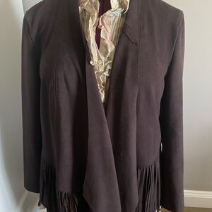 Brown faux suede fringed jacket.